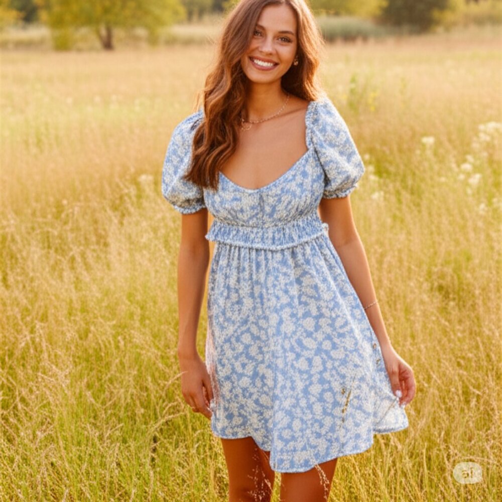 ASTR The Label Blue White Floral Milkmaid Babydoll Mini Puff Sleeve Sundress M